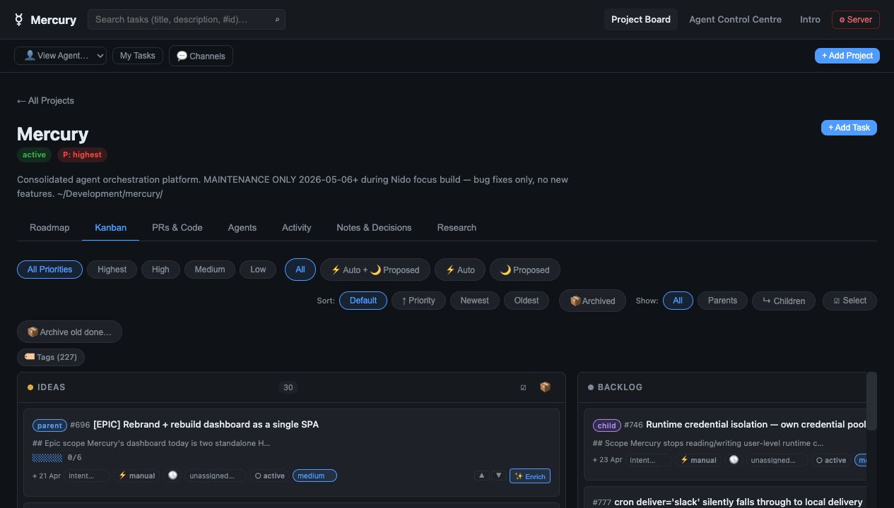Mercury kanban dashboard with project columns and active tasks