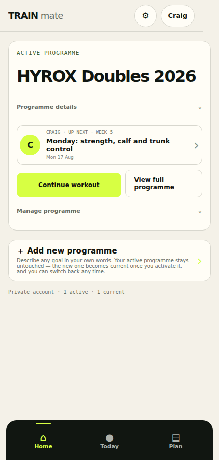 Train Mate home screen showing the active HYROX Doubles 2026 programme and the next scheduled workout